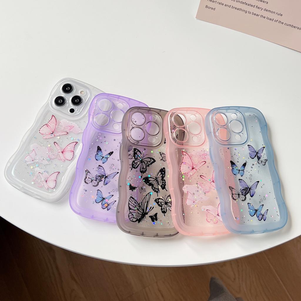 Glitter Stars Butterfly Clear Phone Case for iPhone 16E 11 12 13 14 15 16 Pro Max Soft TPU Wave Edges Shockproof Cover Shell