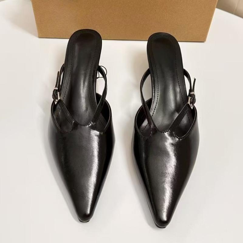 Heels Women Mules Shoes Elegant Pointed Toe Zapatos Mujer Classic Narrow Band Casual Black Female Summer Sandals