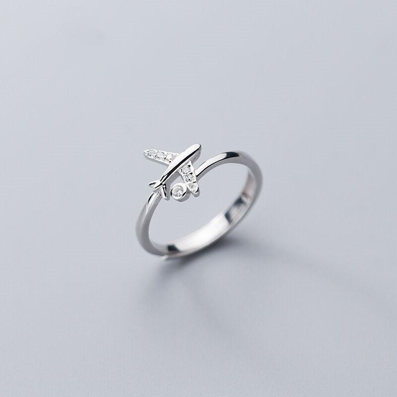 New Exquisite Zircon Airplane 925 Sterling Silver Temperament Personality Sweet Double Layer Crystal Opening Rings TYB014