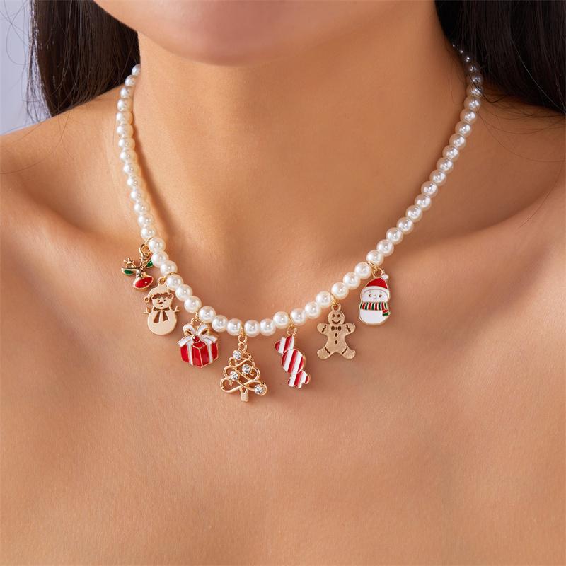 Fashion Christmas Metal Chain Necklace For Women Crystal Zircon Elk Santa Claus Snowman Bell Xmas Tree Pendant Choker Jewelry