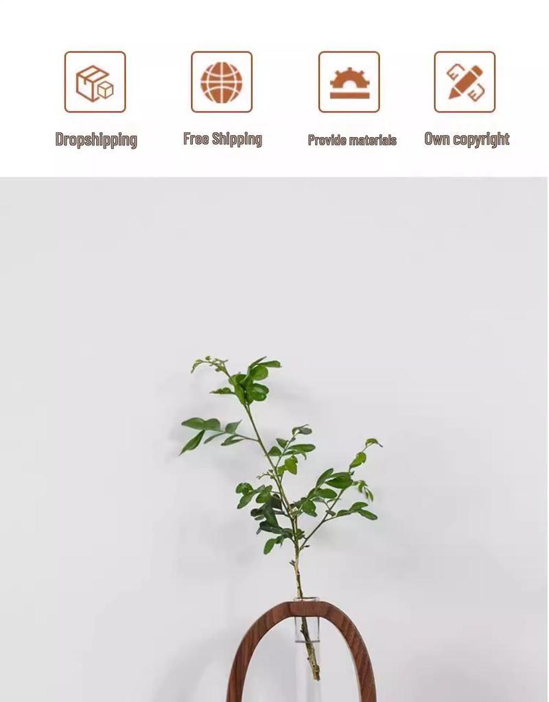 Walnut Solid Wood & Glass Hydroponic Vase for Home - Perfect for Green Plants, Fresh Flowers, and Desktop Arrangements
