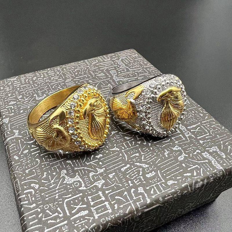 Mens Titanium Steel Eagle Ring With Gold Plating Rhinestones Hip Hop Style Adjustable Size