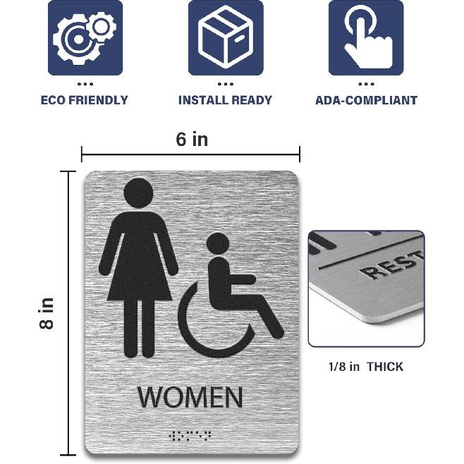 ADA-Mark Modern Restroom Sign for Business - 2PK ADA Compliant Braille Bathroom Sign with Easy tallation - 6" W x 8" H