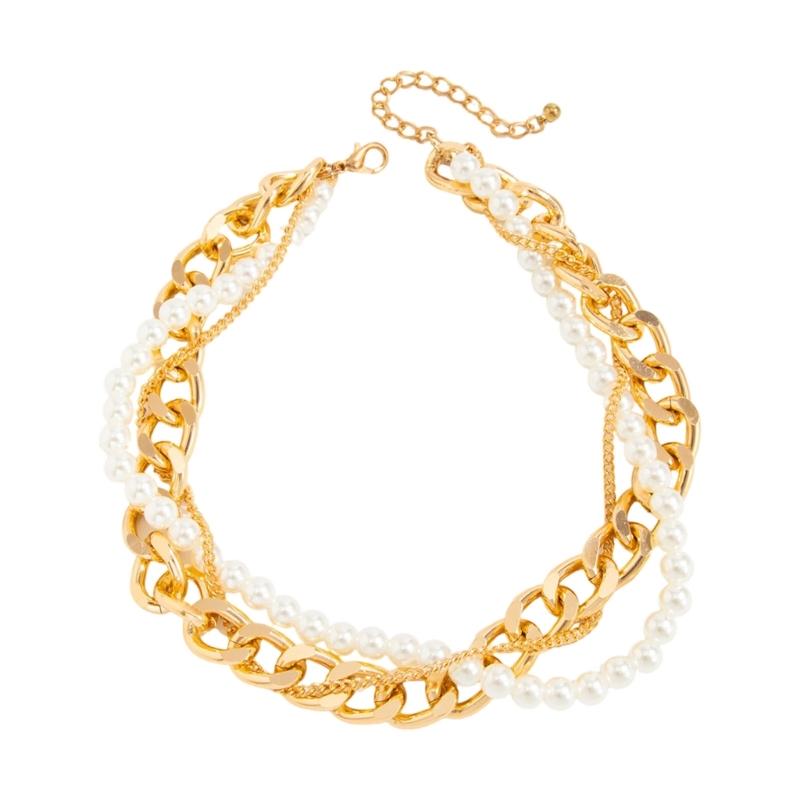 Double Layer Geometric Designs Collar Necklace with Imitation Pearls for Women Trendy Neckchain Fashion Jewelry