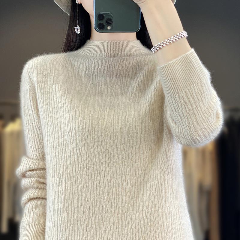 Women's 100% Pure Wool Half-High Collar Sweater - Loose Fit, Solid Color, Versatile Knitwear for Fall/Winter 2024.