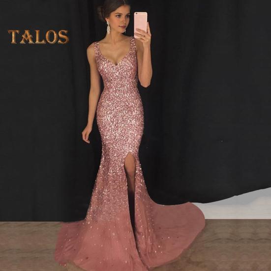 Vestido de noche para mujer, escote en V profundo, dobladillo dividido, lentejuelas, dobladillo ajustado de cola de pez, cierre de cremallera en la espalda, sin mangas, vestido de fiesta de cóctel, largo hasta el suelo, vestido de baile