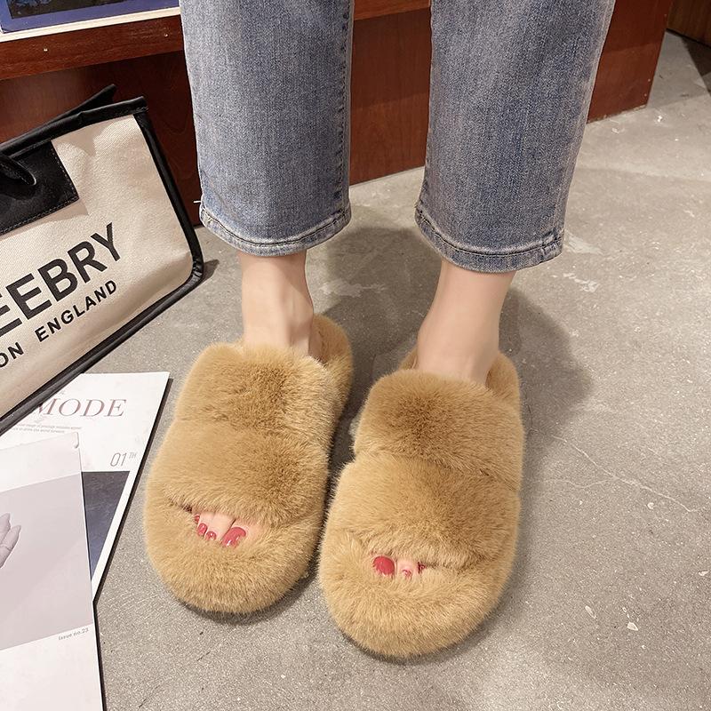 High-grade plush slippers for women to wear outside in winter, thick-bottomed home plush warm indoor winter plush cotton slippers