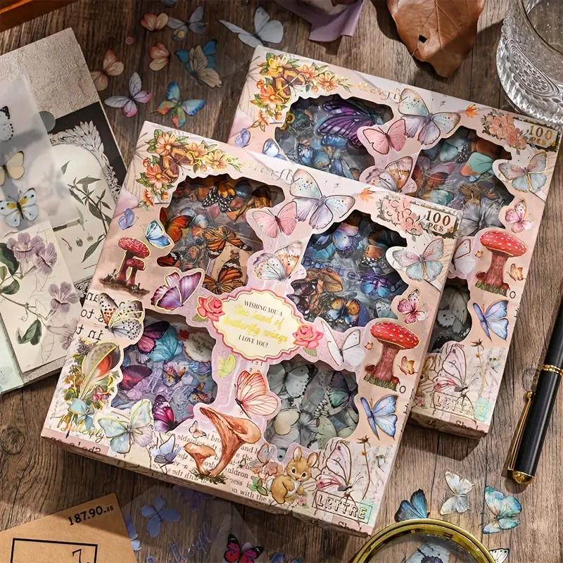 100 Sheets Vintage Butterfly Waterproof PET Journal Stickers, Self-Adhesive Reusable Shimmery Irregular Shaped Decals Stationery