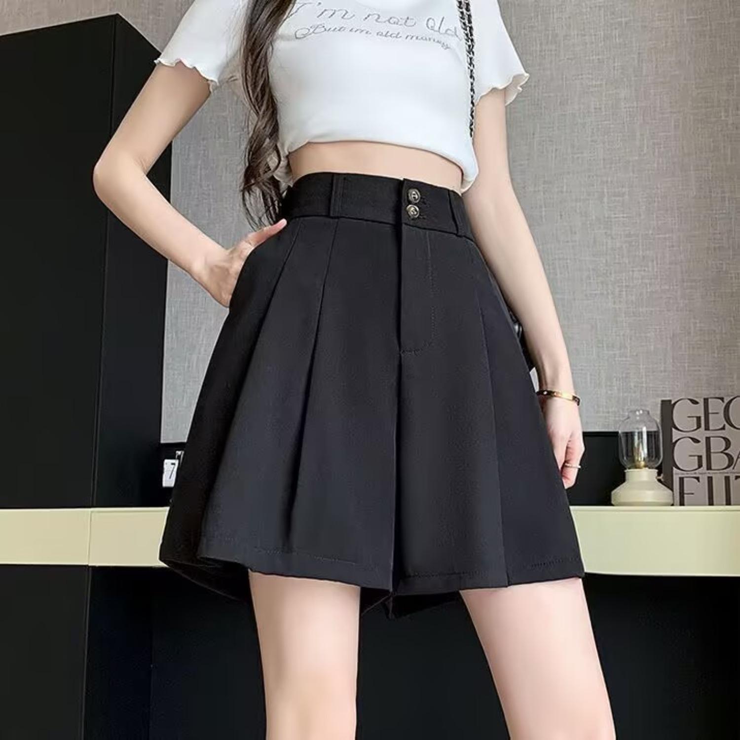 Women s High Waist A-Line Shorts Solid Color Casual Wide Leg Blazer Culottes XS
