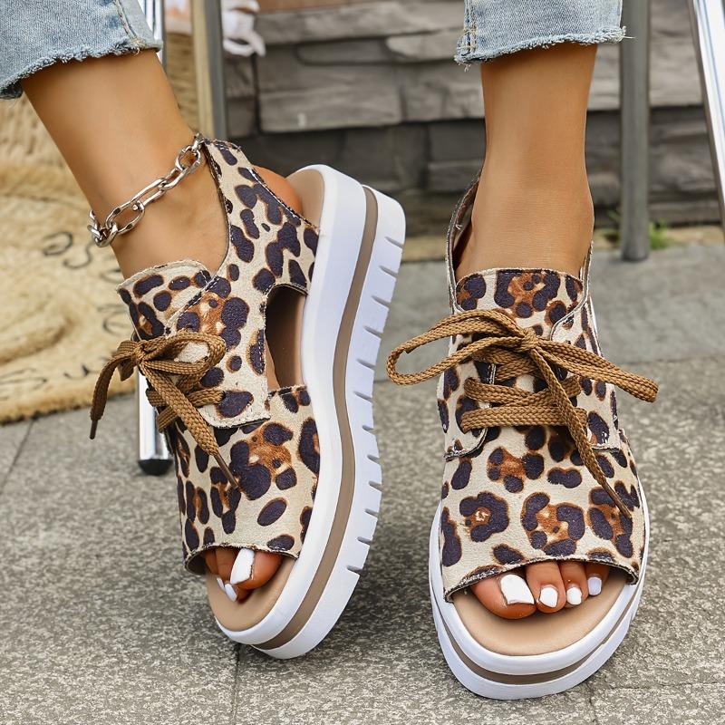 Women'S Solid Color Trendy Sandals, Leopard Print Lace-Up Fashionable Walking Shoes, Summer Casual Beach Vacation Platform Shoes.