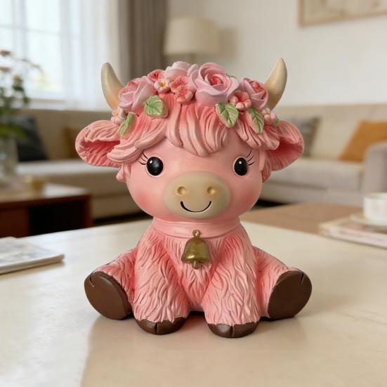 Pink Highland Cow Figurine Resin Highland Cow Statue Small Cute Cattle Sculpture for Garden Table Shelf Kitchen Home Decor