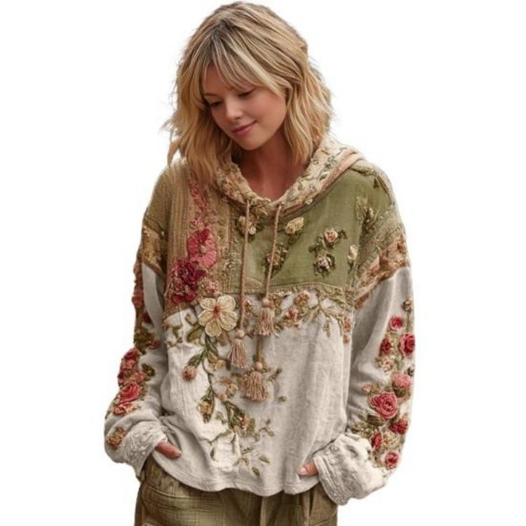 Vintage Floral Hoodie Women's Oversized Sweatshirt Bohemian Casual Pullover with Pocket Long Sleeve Floral Print Tops