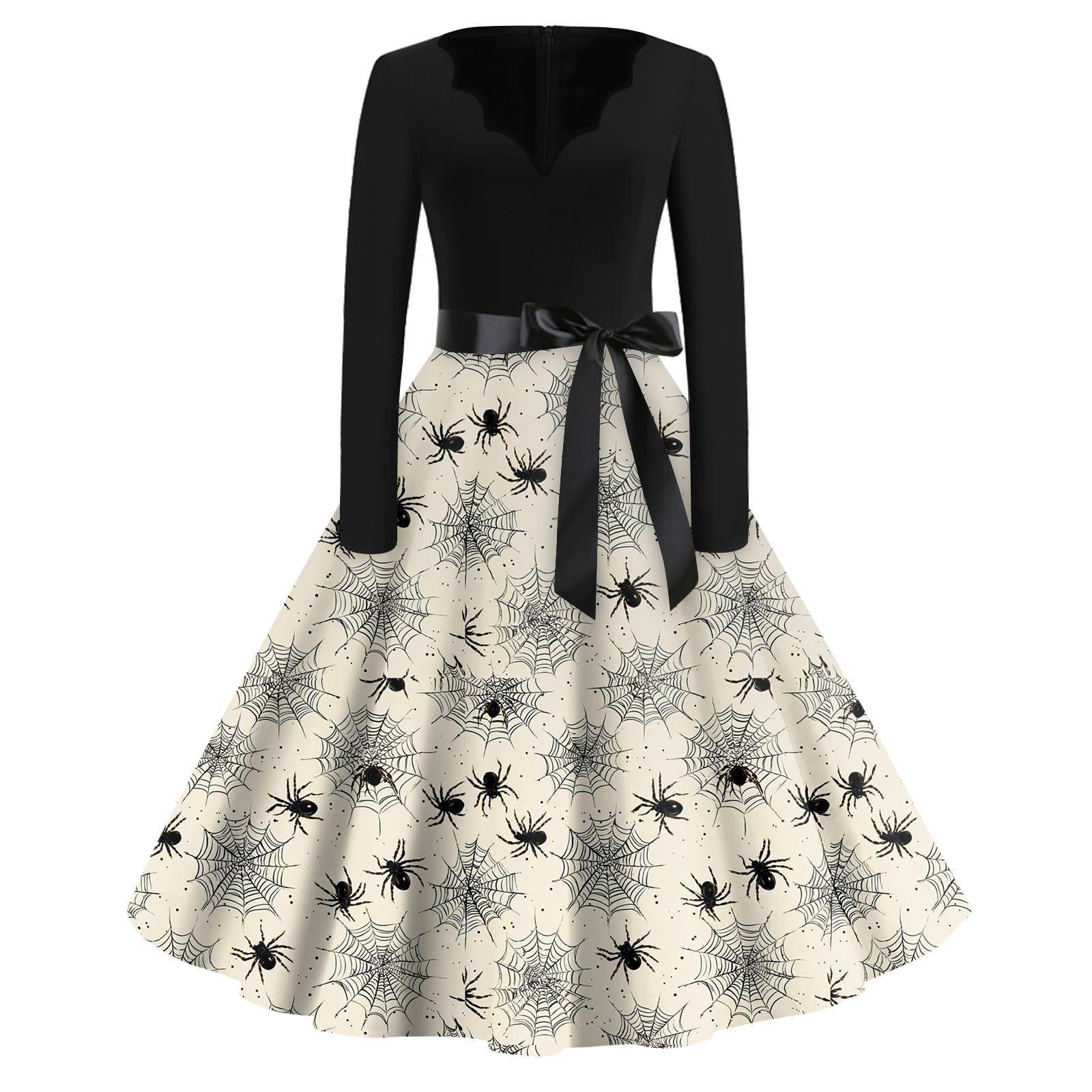 

Женская мода с v-образным вырезом, повседневные тонкие платья с длинными рукавами и принтом на Хэллоуин XXXXL