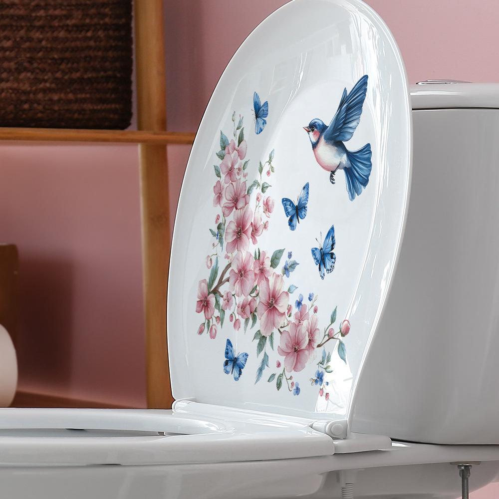 Watercolor Flower Bird Toilet Bathroom Toilet with Home Beautification Stickers Self-adhesive