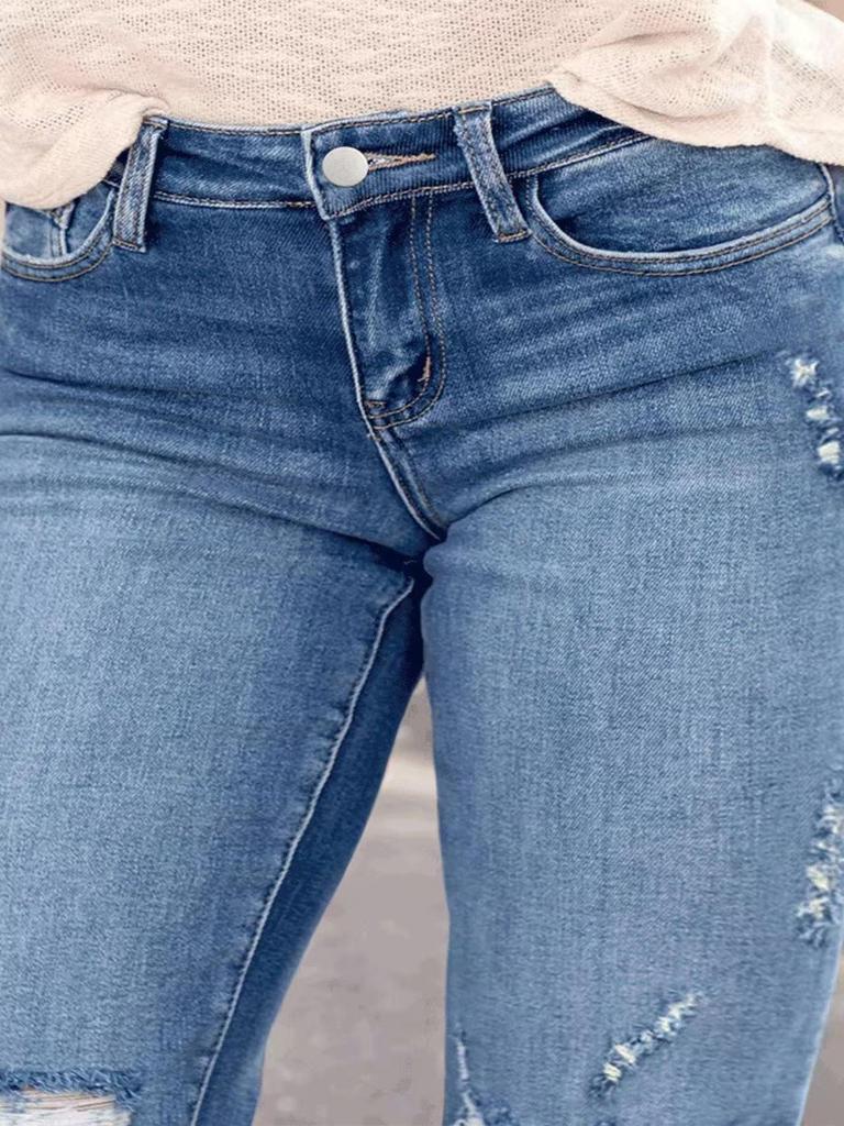 Plus Size Women's Mid-Waist Ripped Stretch Straight-Leg Jeans - Comfortable Denim Long Pants