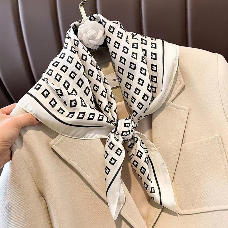 Silk Scarf Women's New Decorative High-end Small Square Scarf Versatile Trend Imitation Silk Scarf Tied Bag Streamer Thin Scarf