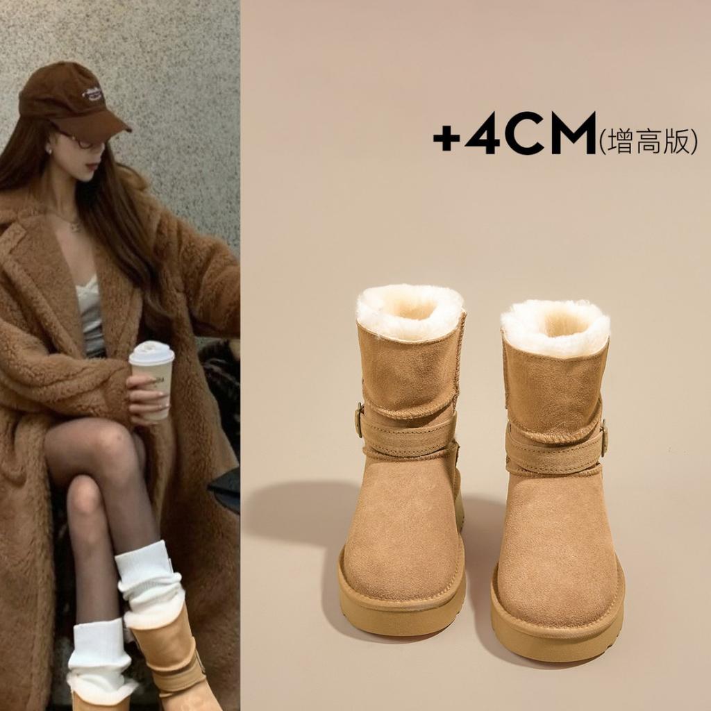 Ruodan!~ Wool Snow Boots for Women's Autumn and Winter New Thick Heel Thick Sole Belt Buckle Medium Tube Velvet To Keep Warm