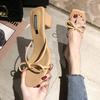 Women Summer Ribbon Bow-shaped Open-toe Thick Heel Slippers Elegant PU Leather High Heel Slide Shoes
