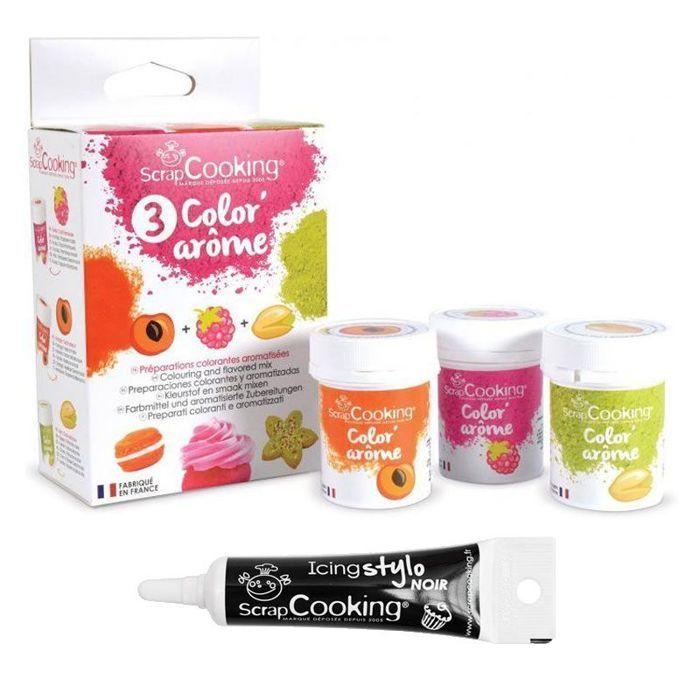 3 Colorants-arômes alimentaires framboise-abricot-pistache + Stylo glaçage noir