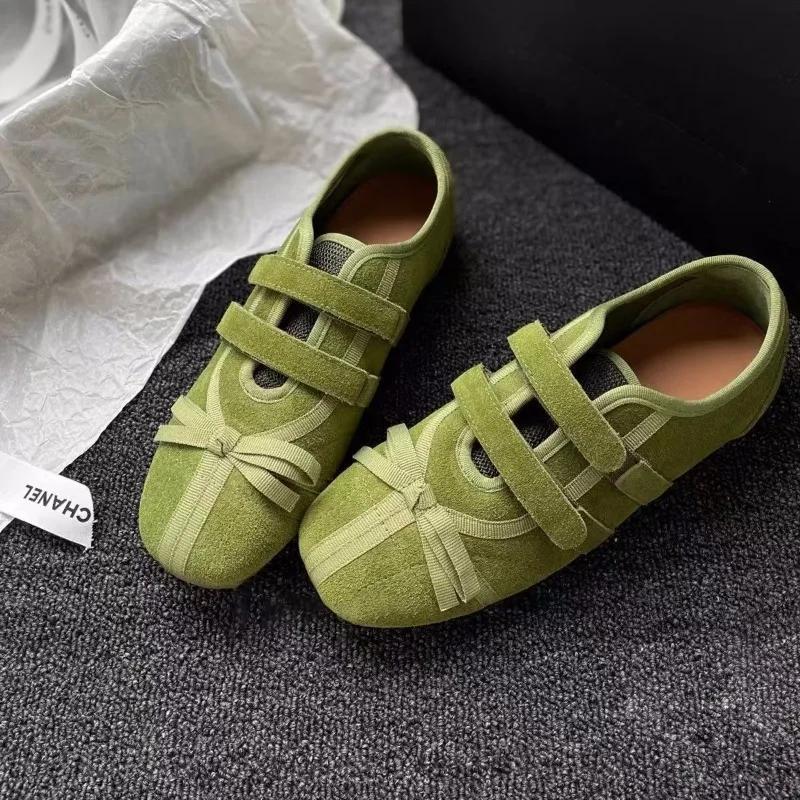 Women's Flat Casual Shoes Bow Tie Square Toe Velcro Shoes Women Leisure Flannel Spring Autumn Fashion Suede Zapatillas De Mujer