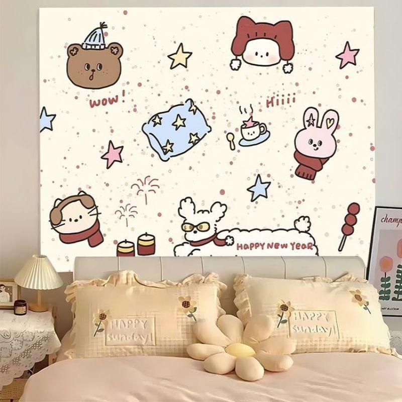 Korean Cute Cartoon Wall Tapestry Kawaii Y2K Hand Drawn Graffiti Wall Hanging Aesthetic Bedroom Dorm Home Decoration