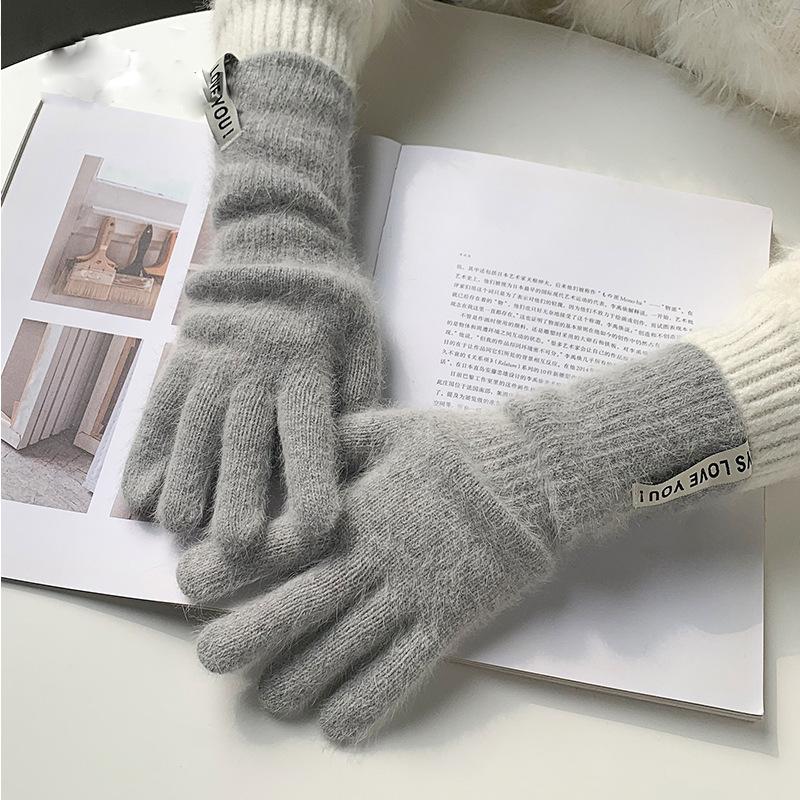 Dopamine dew finger gloves women's warm and cold-proof long winter solid color blended knitted five fingers