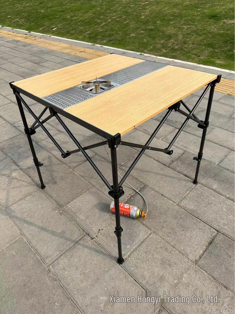 Hongyi Bamboo Pattern Aluminum Folding Table – Outdoor, Adjustable Height for Tea, BBQ, Card Games, Mahjong, Dining.