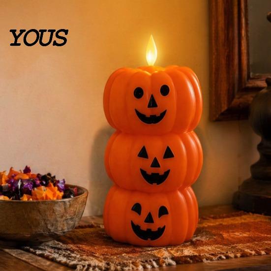 Retro Halloween Table Decoration Flameless Fake Candle, Battery Operated Stacked Pumpkin/Ghost Candle Light, Party Atmosphere Light LED Flickering