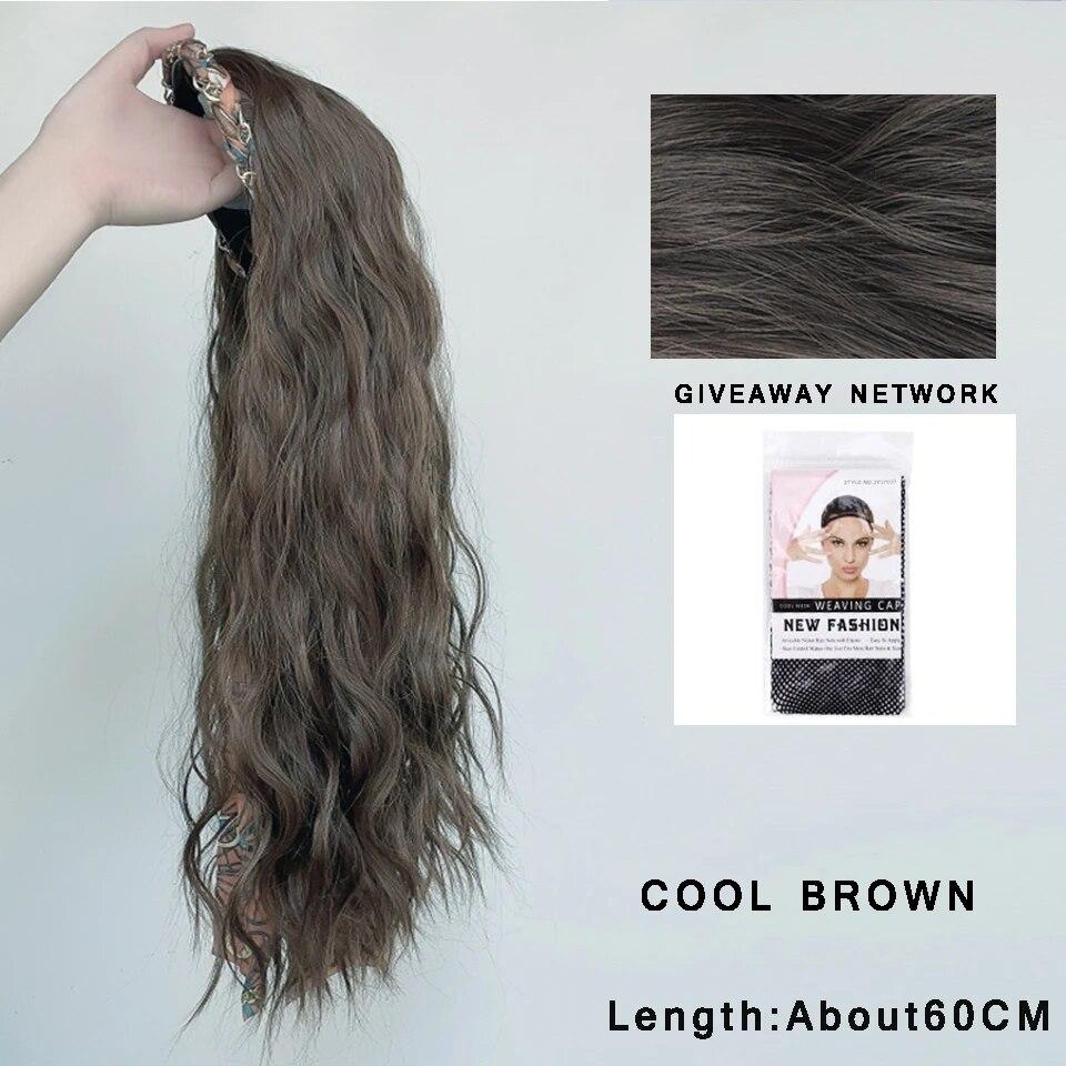 Synthetic Long Wavy Headband Wig Black Brown Women's With Twist Braid Hairband Accessories Natural Half Wig