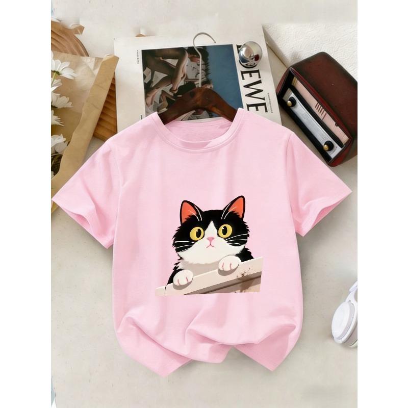 European sizes Girls' And Boys' Short-Sleeve T-Shirts Made of Featuring a Black And White Cartoon Cat Design in an Anime Style