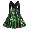 E-Commerce Hepburn Retro Christmas Print V-Neck Splicing Long-Sleeved Pendulum Dress