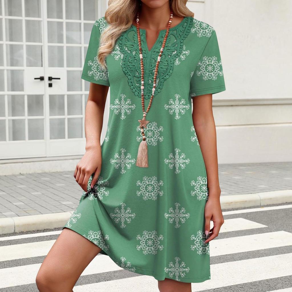 Damenkleid mit kurzen Ärmeln, lockerem Schnitt, knielang, mit geometrischem Print und besticktem Ausschnitt für den lässigen Alltagsgebrauch
