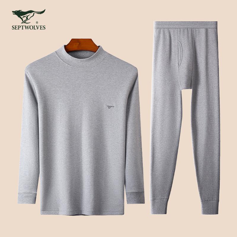 Septwolves Men's Thin Pure Cotton Autumn Underwear Set: Round/Crew Neck Warm Bottoming Shirt & Pants.