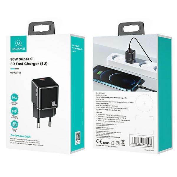 USAMS Lad. Network. 1xUSB-C T45 Mini 30W(head Only) PD3.0 Fast Charging Black/black CC148TC01 (US-CC148)