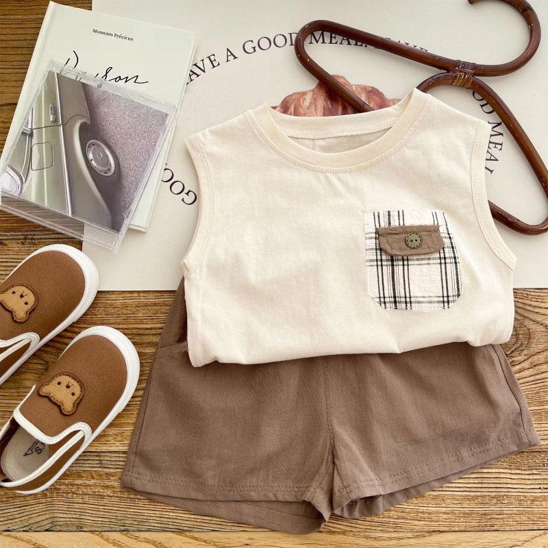 0-5-Year-Old Boy's Sleeveless Set - Round Neck Checkered Pocket Top+Casual Shorts - Children's Handsome Cotton Clothes - Size S-XXL