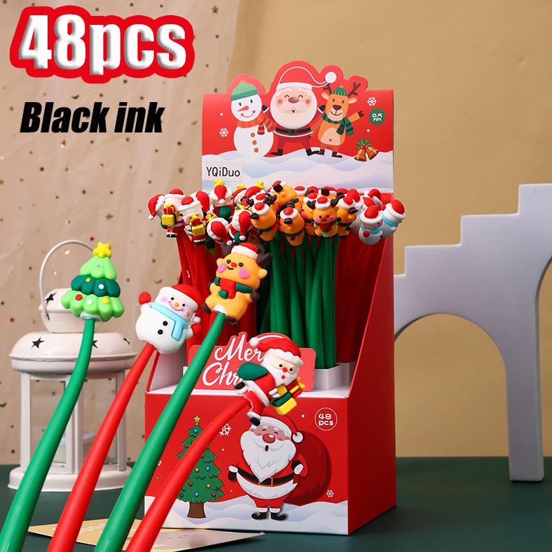 48pcs Cartoon Christmas Reindeer Santa Claus Design Black Water Based Pen, Creative Christmas Pens Student Study Writing Essentials, Durable Plastic M
