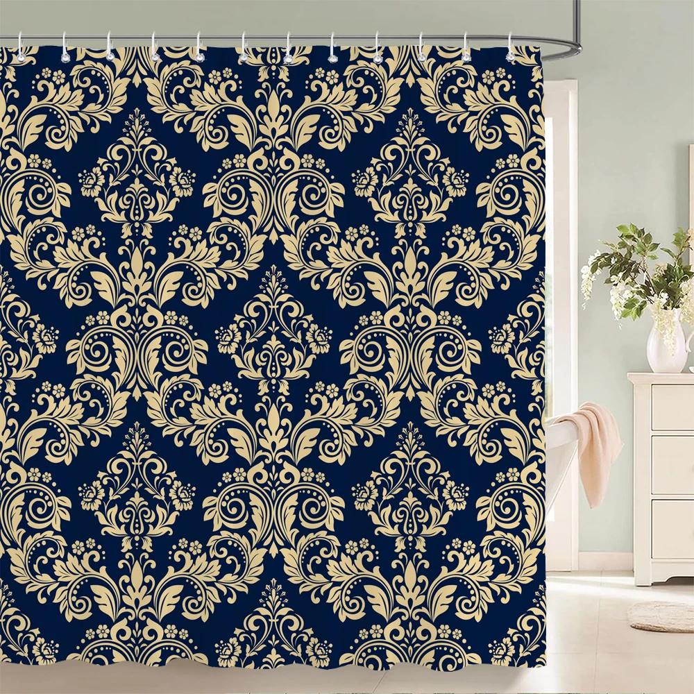 1Pc European Style Golden Flowers Shower Curtain Waterproof Fabric,Floral Print Partition Curtain Decorate Bathroom Curtain