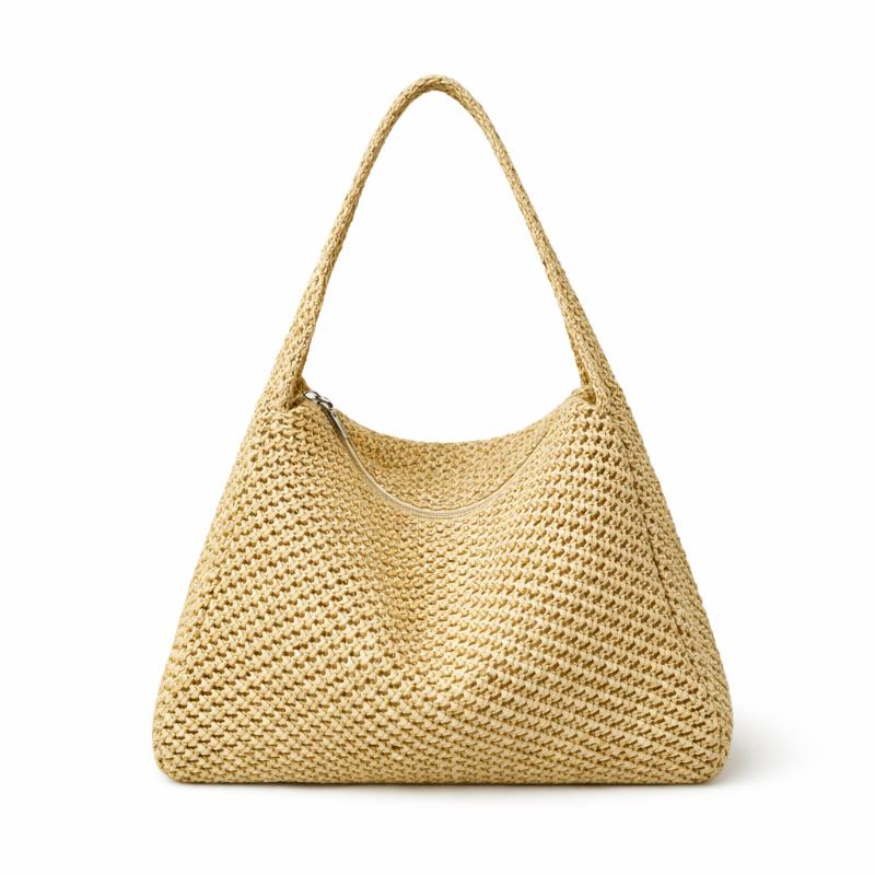 Straw Textured Tote Bag Stylish Beach Vacation Shoulder Bag Zippered Large Capacity Handbag Wide Shoulder Strap Underarm Bag