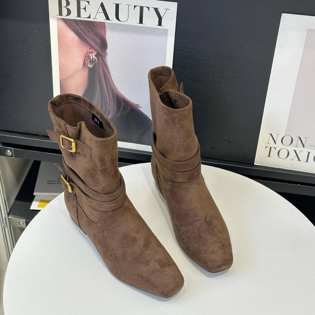 Retro Pustynny Styl Zachodnie Buty Damskie 2025 Jesień i Zima Nowe Kwadratowy Nosek Średnie Buty Obcas Kotek Obcisłe Buty Martinowe Buty Jeździeckie