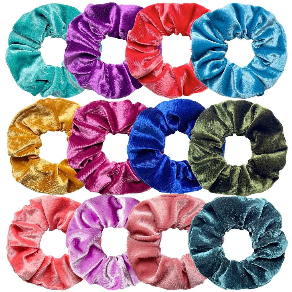 12pcs Vintage Women Pink Velvet Scrunchies Baby Girls Headwear White Black Blue Green Elastic Hair Bands Kids Hair Accessories
