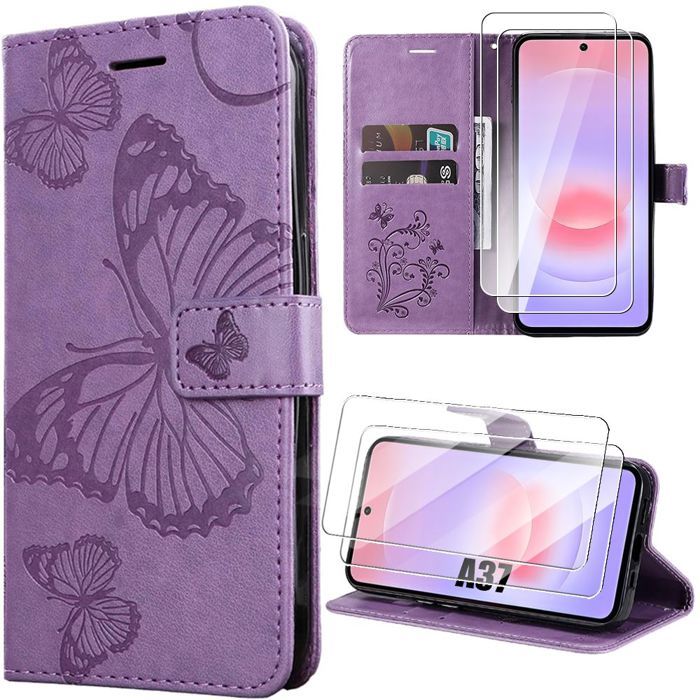 Coque pour Samsung Galaxy A37 5G, Effet Cuir Anti-Rayures Motif Papillon Violet - 2 Verres Trempés