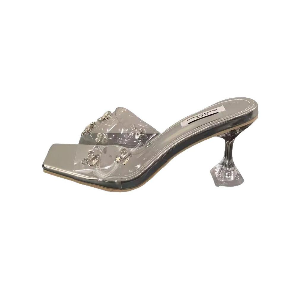 Summer New White Word with Rhinestone Open-toed Sexy Crystal High Heels Transparent Square Head Cool Slippers