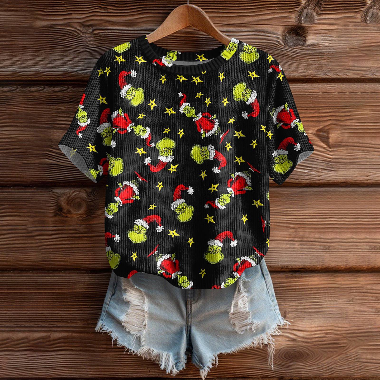 

Женский милый свитер вязаный модный повседневный с круглым вырезом и короткими рукавами уютный топ с принтом M чёрный