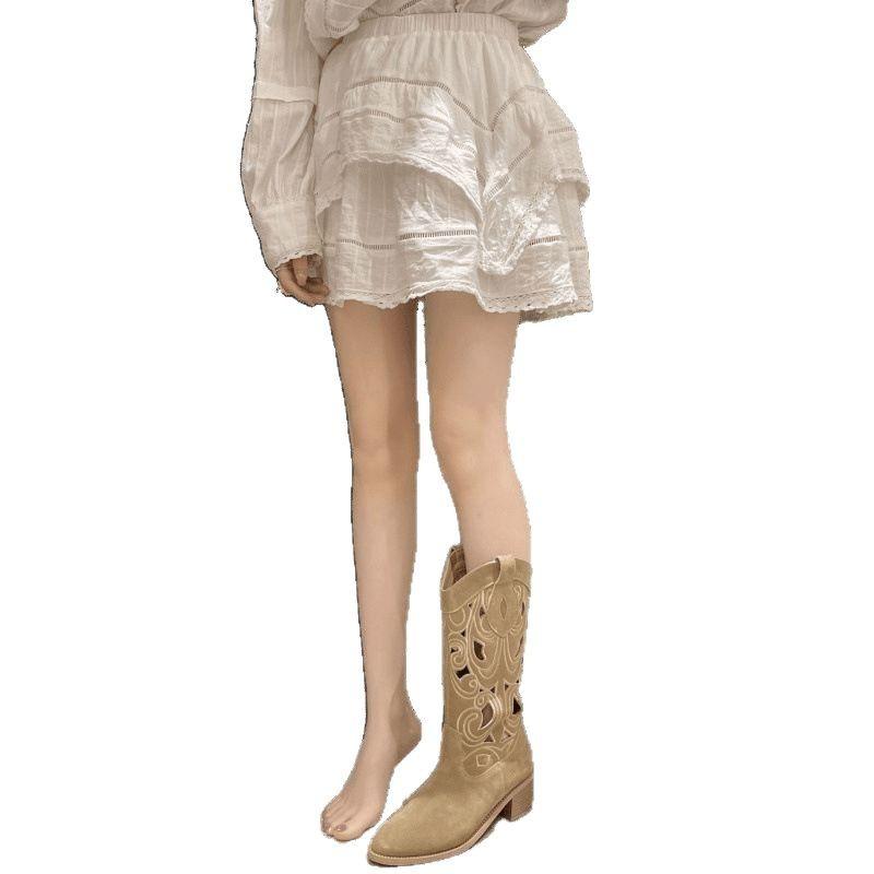 Hollow thick high-heeled western cowboy boots women's summer 2025 new retro matte tall cool boots medium Martin boots