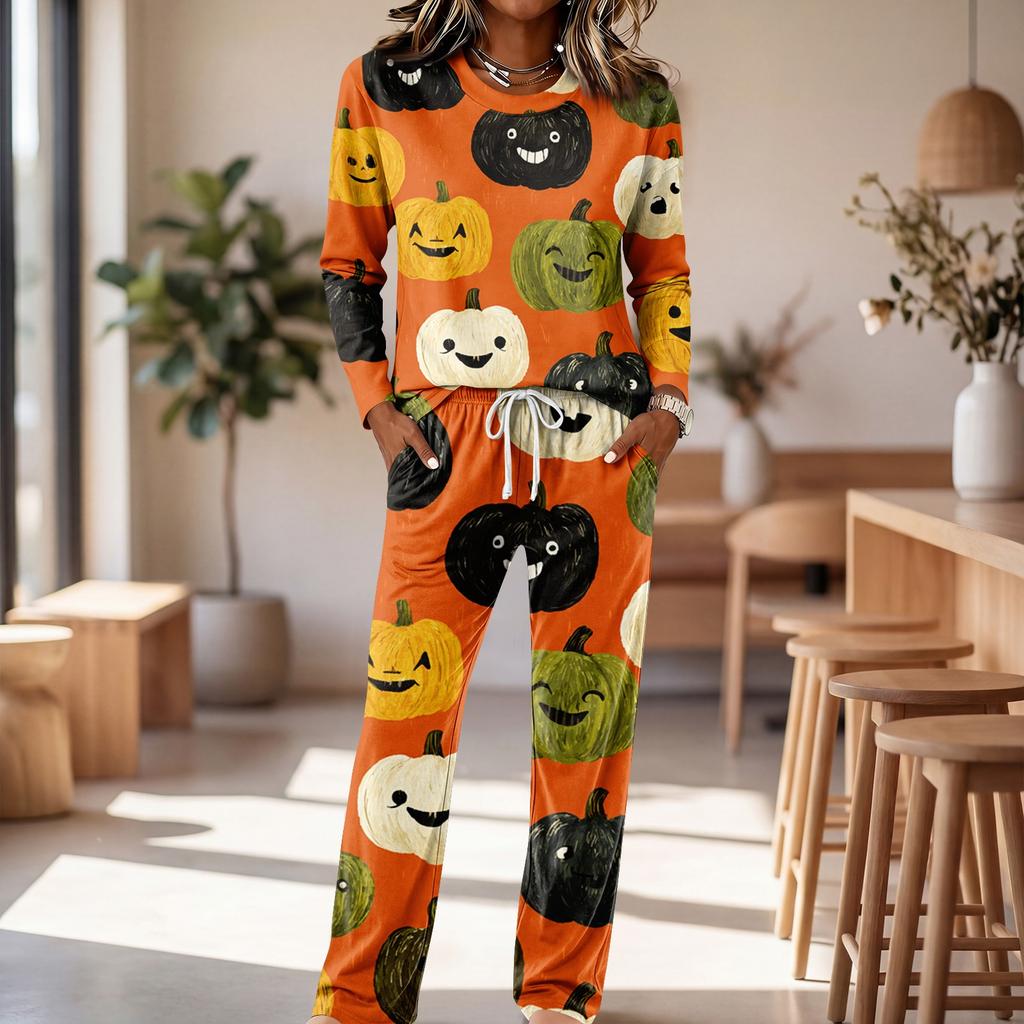 Women's Round Neck Long Sleeve Drawstring Wide Leg Pajama Set for Casual Loungewear