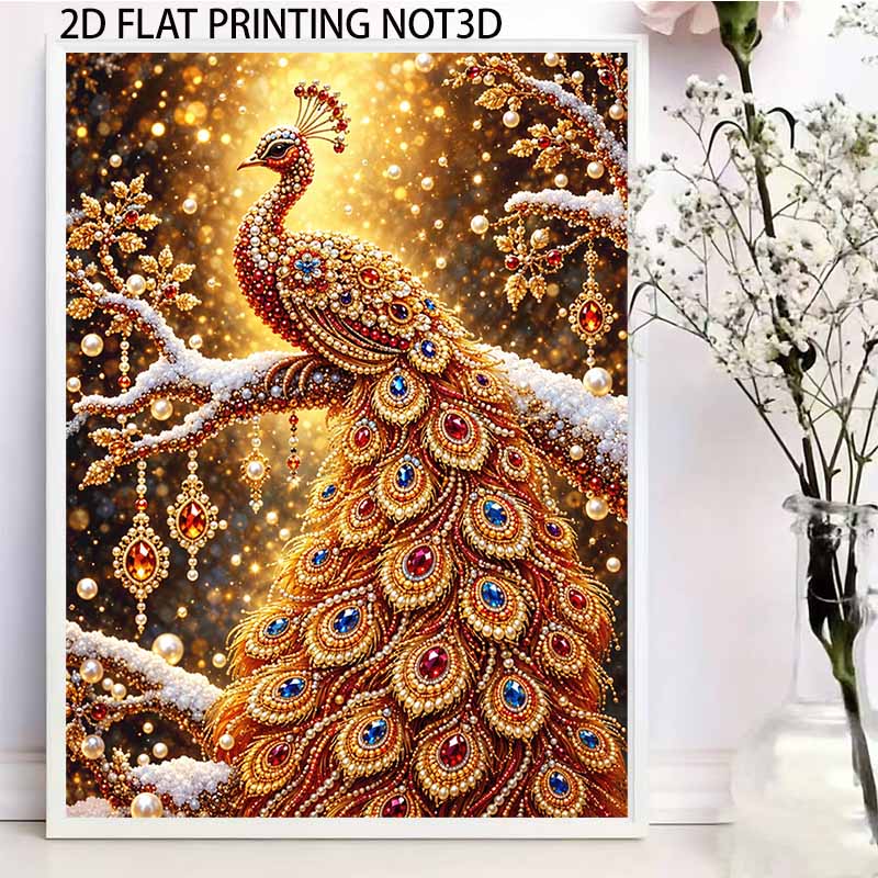 Sparkling Pearl Painting Kit with Frame Golden Peacock Bead Art Canvas Relaxing Craft Home Wall Decor Gift Set for DIY Art Wall Decoration Art