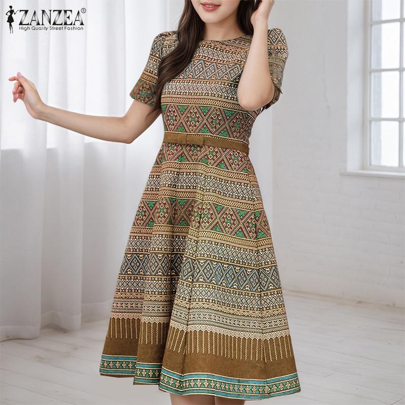 ZANZEA Damska codzienna sukienka z okrągłym dekoltem, letnia, z krótkim rękawem i nadrukiem