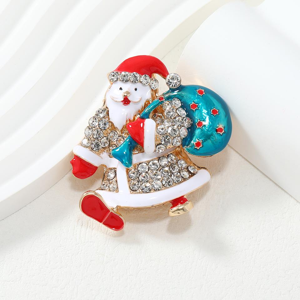 Retro Christmas Rhinestone Brooch - Glazed Santa Claus & Tree Pin Accessory