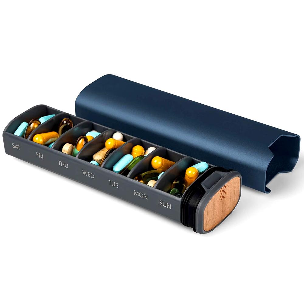 1 ks 7denní týdenní organizér na léky slitina hliníku a dřevo velkokapacitní krabička na léky na pilulky vitamíny a léky