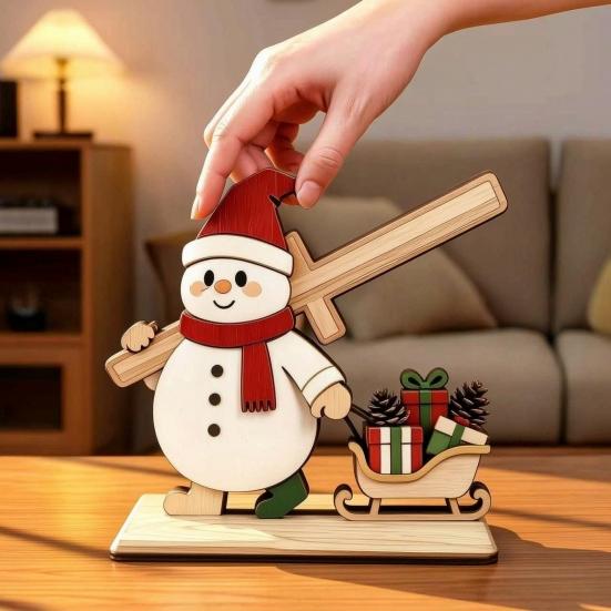 Small Desktop Holiday Decor Items Christmas Wooden Tabletop Ornament, Cute Spliced Elk/Santa Claus/Snowman Decorative Wood Crafts for Home Decorations